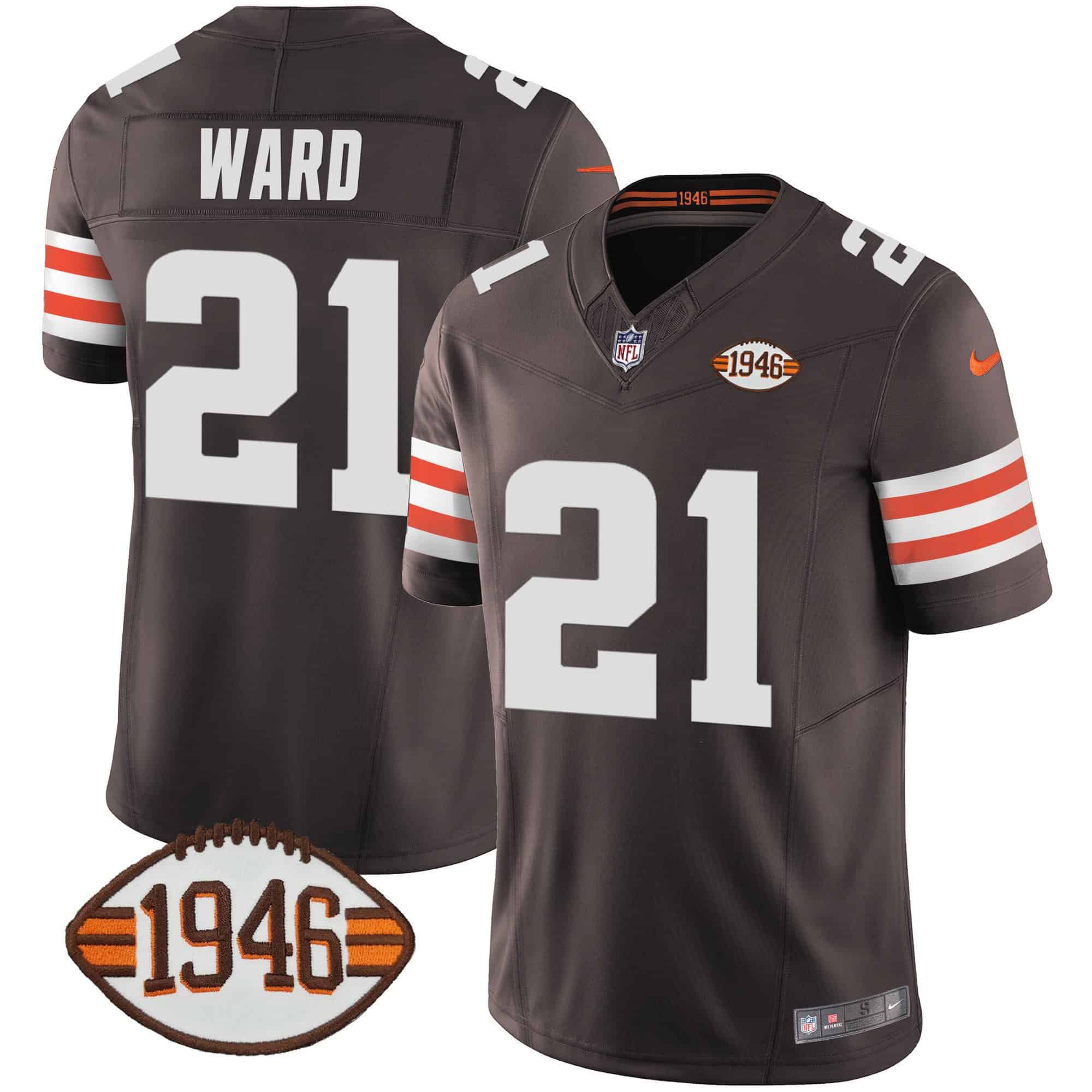 Men Cleveland Browns 21 Ward Brown 1946 75th Anniversary Patch 2024 Nike NFL Jersey style 1